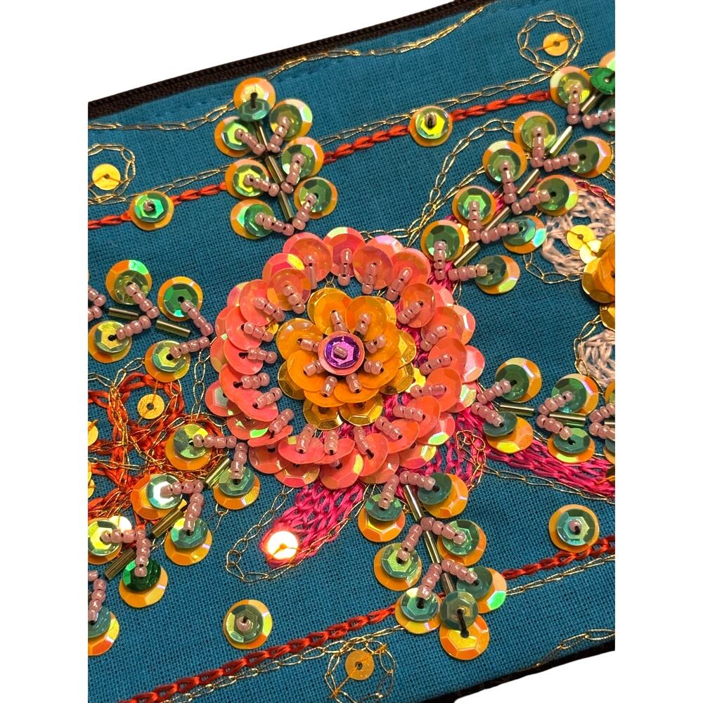 Thai Beaded Sequin Floral Clutch Purse Zippered